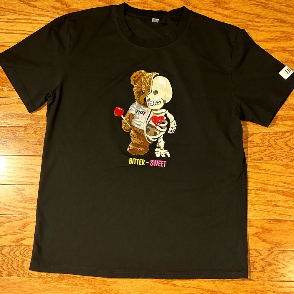 Black Graphic Tee with Bear and Skeleton Design